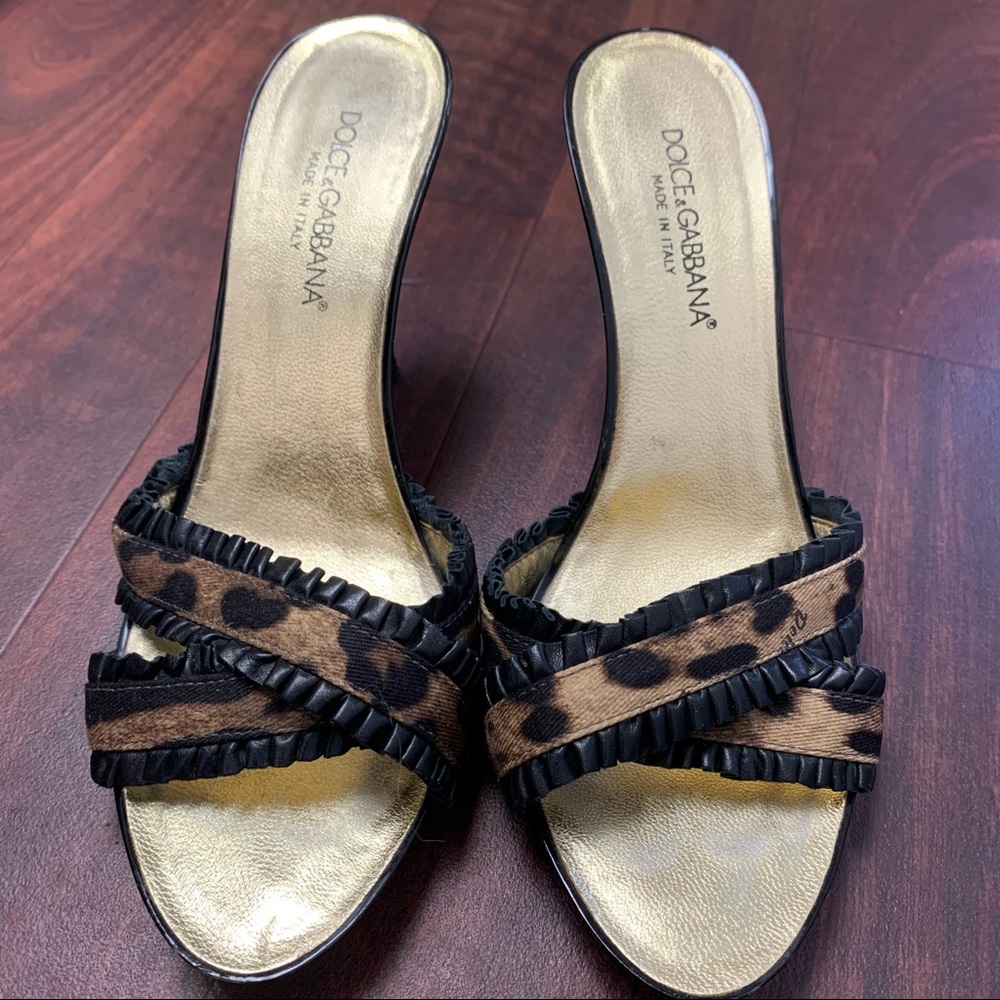 Dolce & Gabbana Leopard-Print Open-Toe Slip-On Heels with Gold Footbed